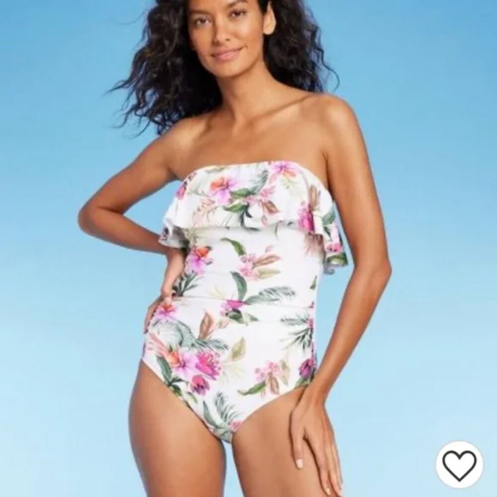 Kona Sol Tropical One Piece Floral Palm Print Swimsuit Large